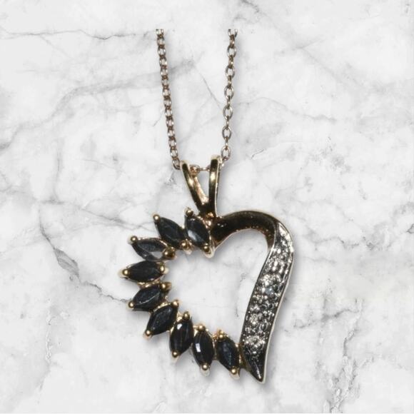 Black Sapphire Diamond Heart Pendant Necklace 18in Chain GP 925 Sterling Silver - Picture 2 of 6